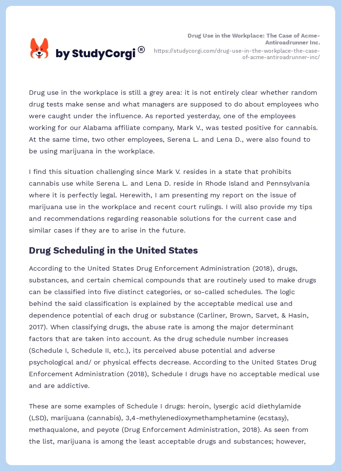 Drug Use in the Workplace: The Case of Acme-Antiroadrunner Inc.. Page 2