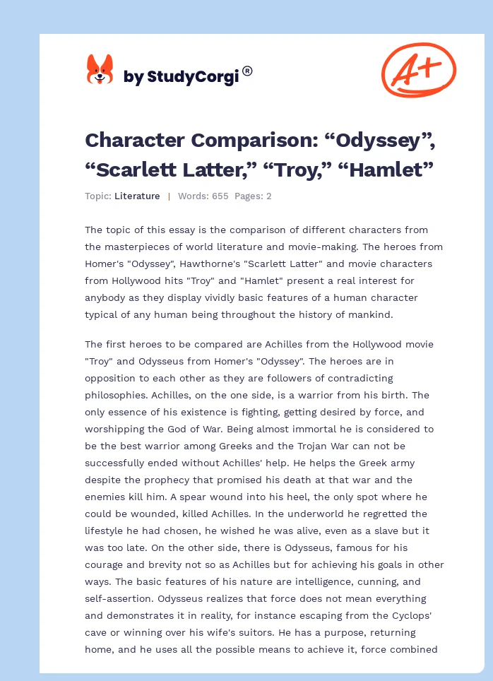 Character Comparison: “Odyssey”, “Scarlett Latter,” “Troy,” “Hamlet”. Page 1