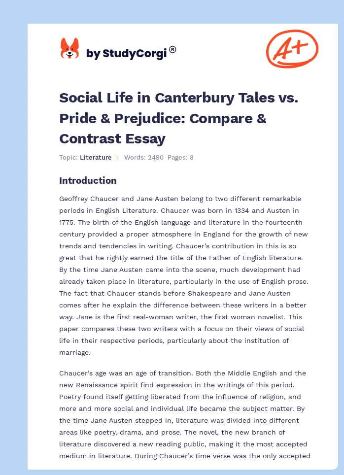 Social Life in Canterbury Tales vs. Pride & Prejudice: Compare & Contrast Essay. Page 1