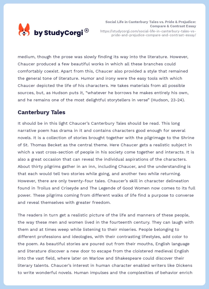 Social Life in Canterbury Tales vs. Pride & Prejudice: Compare & Contrast Essay. Page 2