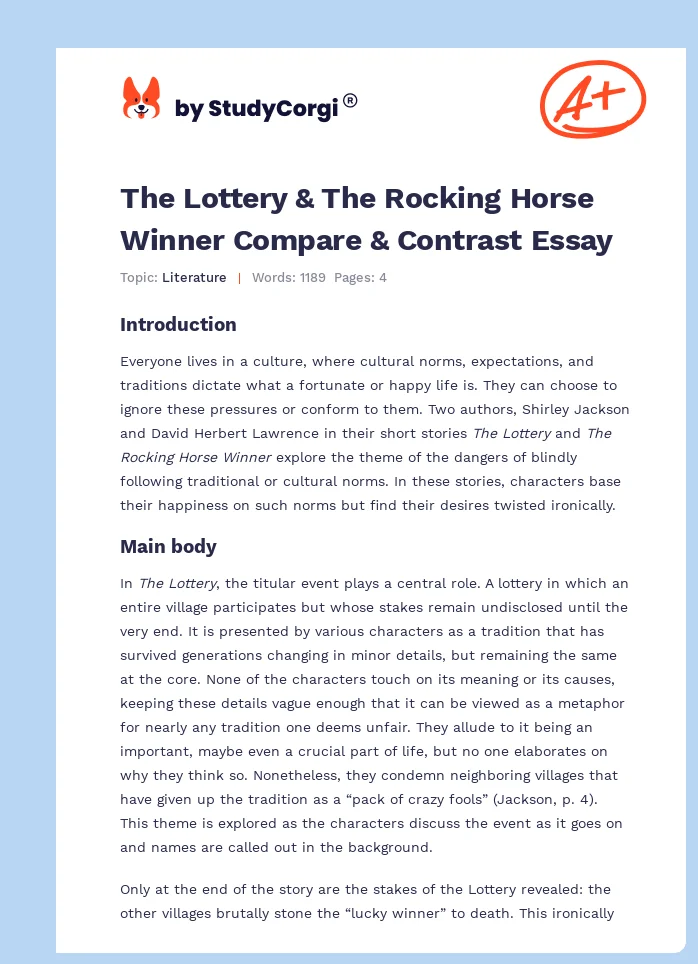 The Lottery & The Rocking Horse Winner Compare & Contrast Essay. Page 1