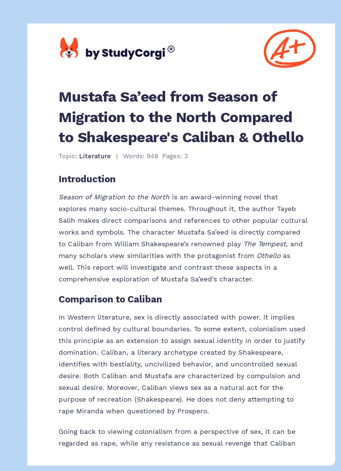 Mustafa Sa’eed from Season of Migration to the North Compared to Shakespeare's Caliban & Othello. Page 1