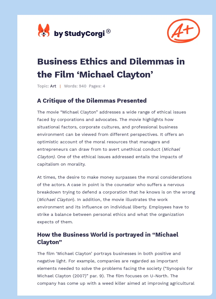 Business Ethics and Dilemmas in the Film ‘Michael Clayton’. Page 1