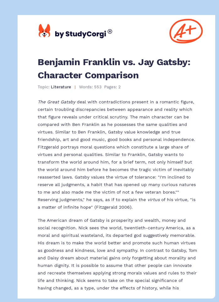 Benjamin Franklin vs. Jay Gatsby: Character Comparison. Page 1