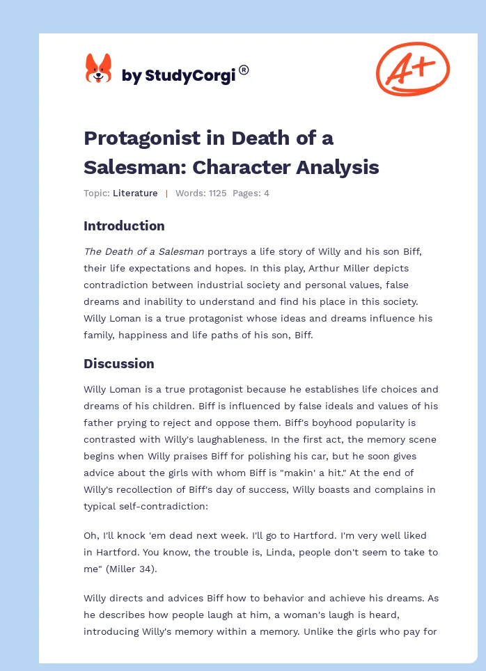 Protagonist in Death of a Salesman: Character Analysis. Page 1
