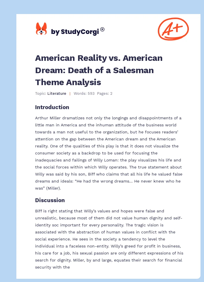American Reality vs. American Dream: Death of a Salesman Theme Analysis. Page 1