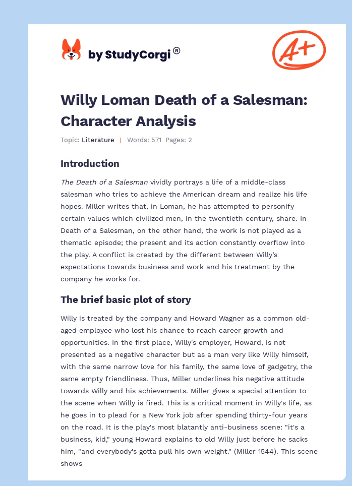 Willy Loman Death of a Salesman: Character Analysis. Page 1
