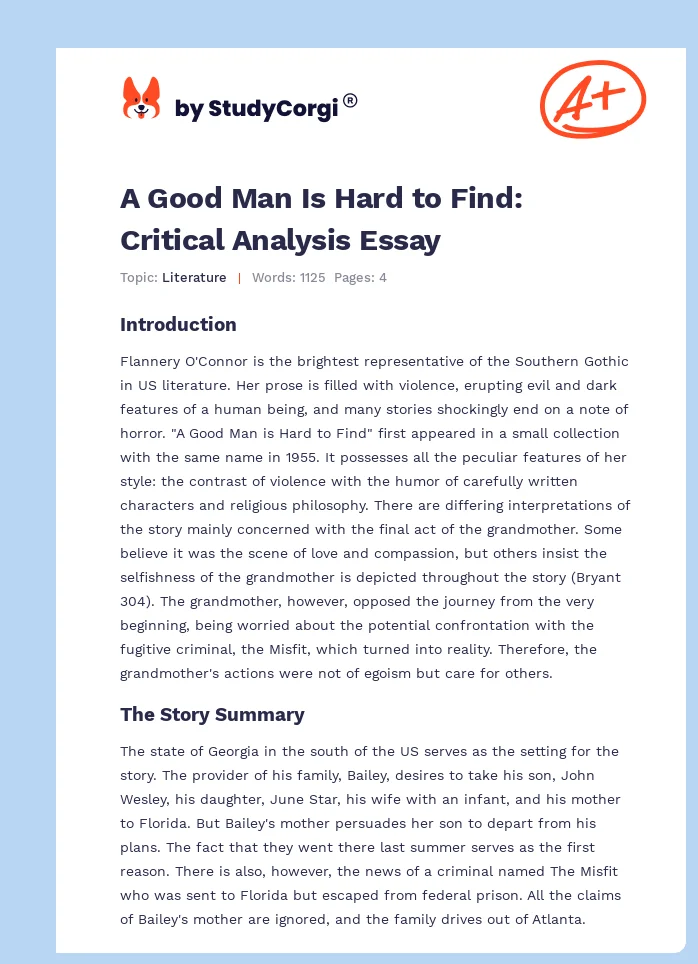 A Good Man Is Hard to Find: Critical Analysis Essay. Page 1