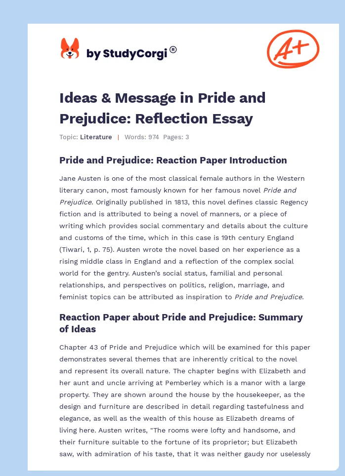 Ideas & Message in Pride and Prejudice: Reflection Essay. Page 1