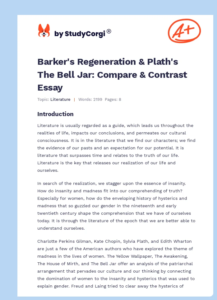 Barker's Regeneration & Plath's The Bell Jar: Compare & Contrast Essay. Page 1
