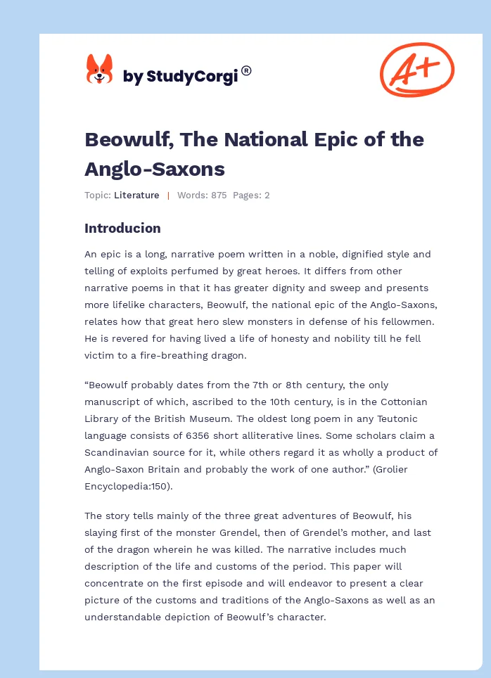 Beowulf, The National Epic of the Anglo-Saxons. Page 1