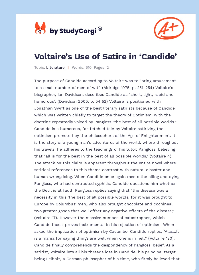 Voltaire’s Use of Satire in ‘Candide’. Page 1