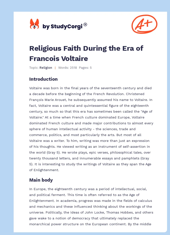 Religious Faith During the Era of Francois Voltaire. Page 1