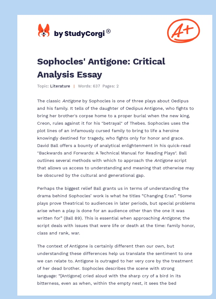 Sophocles' Antigone: Critical Analysis Essay. Page 1