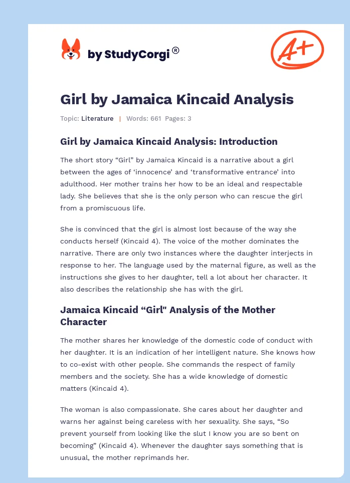 Literary Analysis Of Girl By Jamaica Kincaid Essay Example