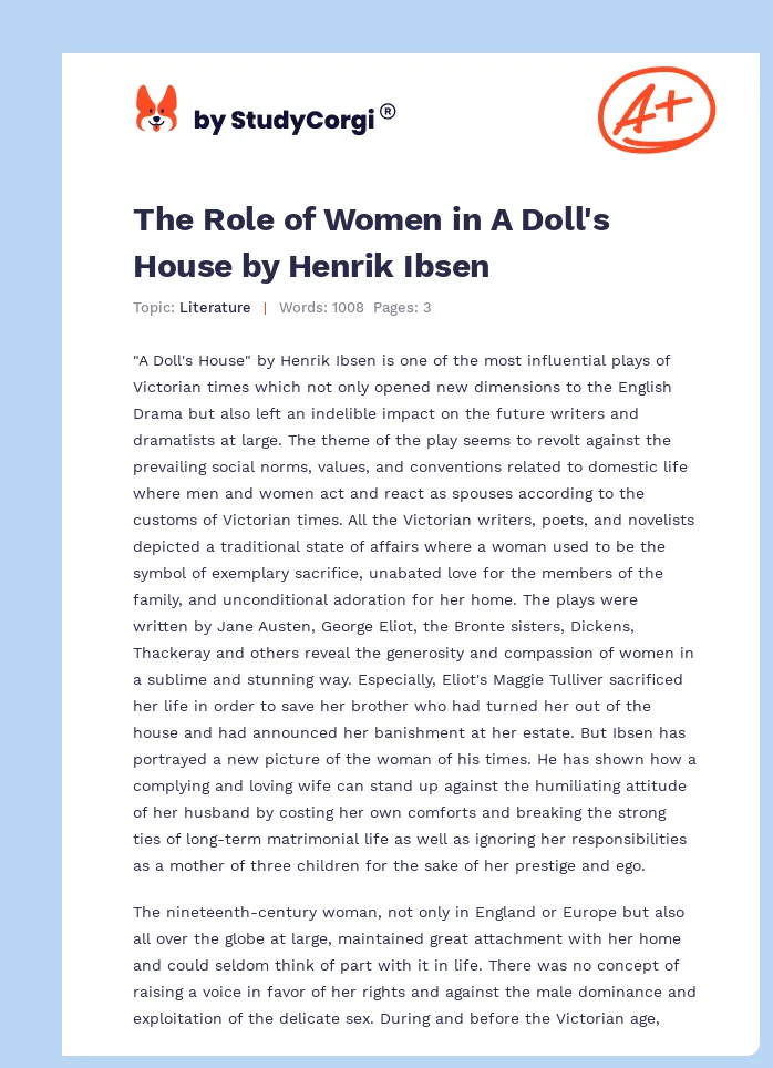 The Role of Women in A Doll's House by Henrik Ibsen. Page 1