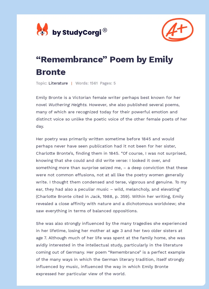 “Remembrance” Poem by Emily Bronte. Page 1