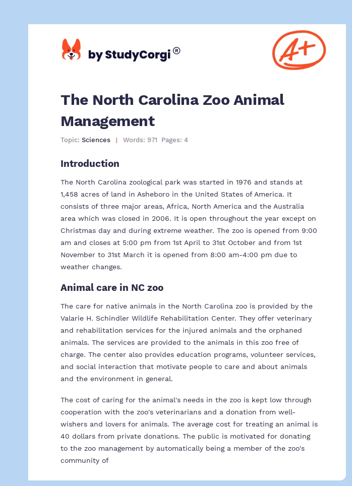 The North Carolina Zoo Animal Management. Page 1