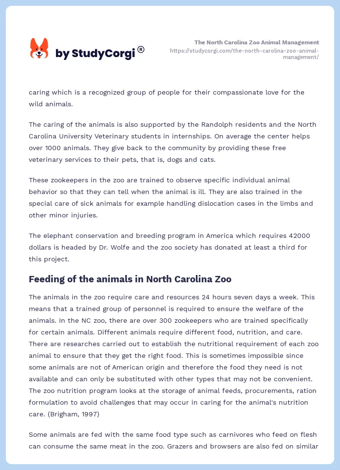 The North Carolina Zoo Animal Management. Page 2