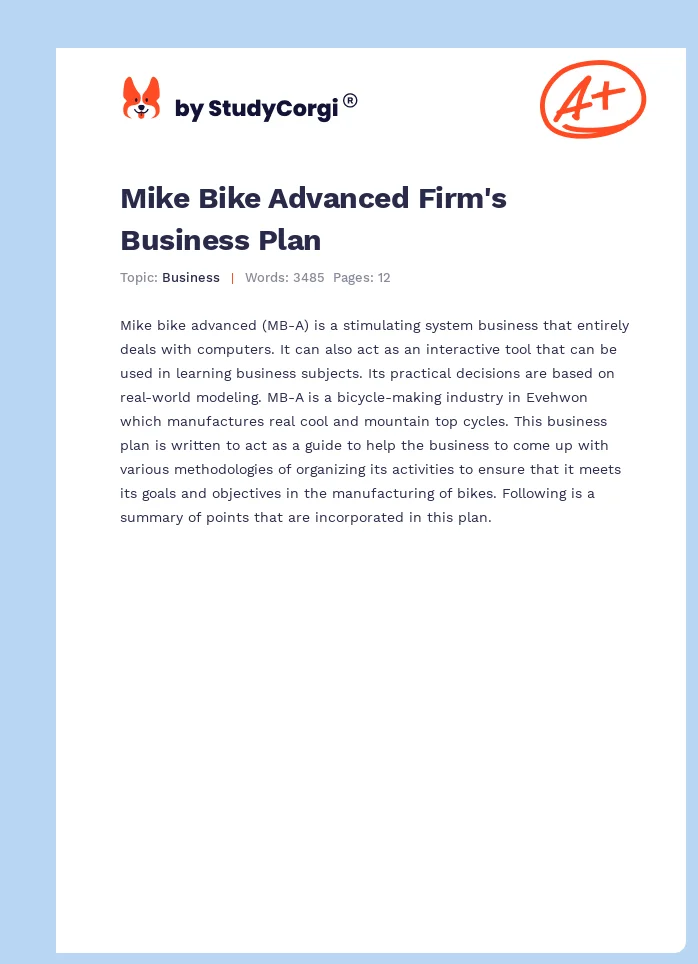 Mike Bike Advanced Firm's Business Plan. Page 1