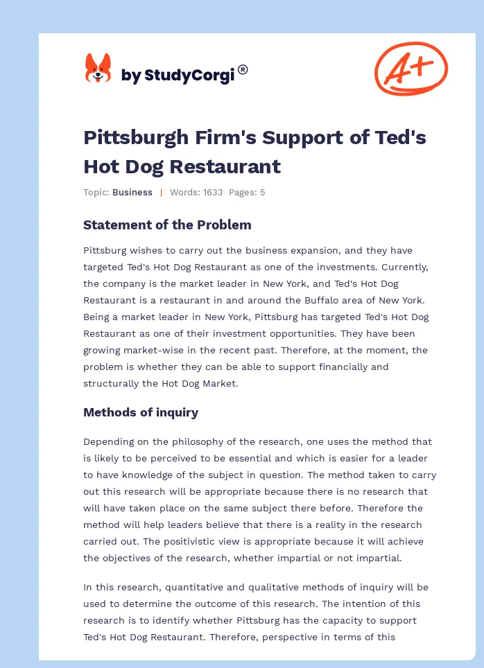 Pittsburgh Firm's Support of Ted's Hot Dog Restaurant. Page 1
