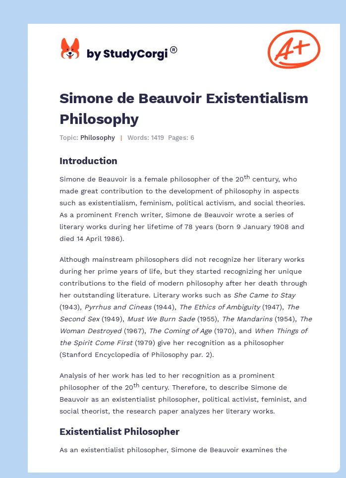 Simone de Beauvoir Existentialism Philosophy. Page 1