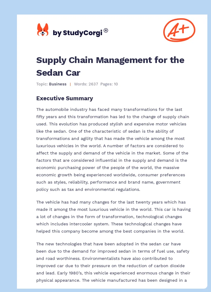 Supply Chain Management for the Sedan Car. Page 1