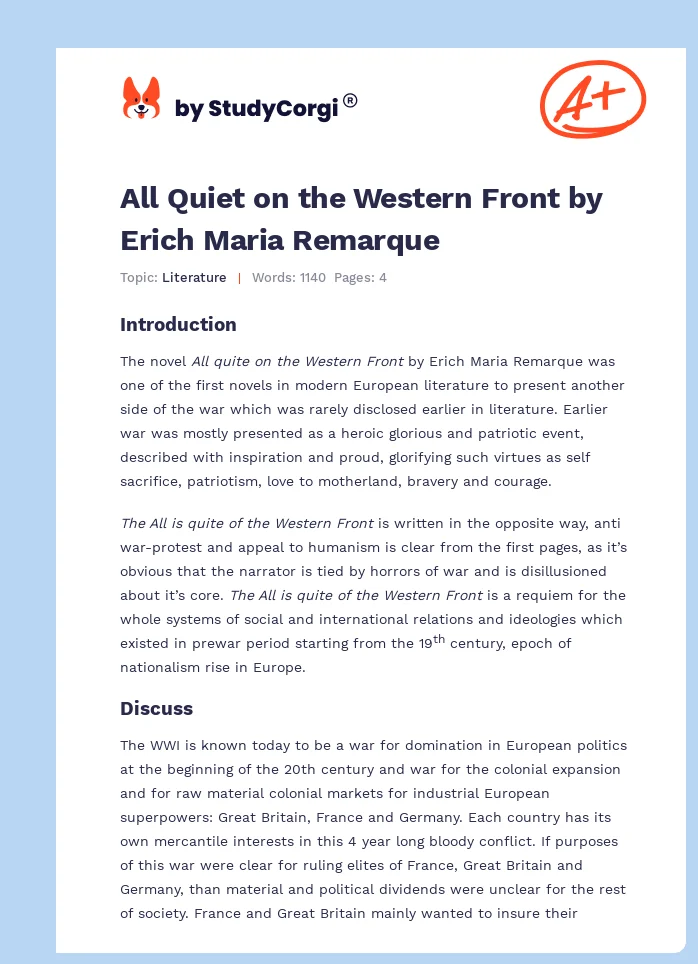 All Quiet on the Western Front by Erich Maria Remarque. Page 1
