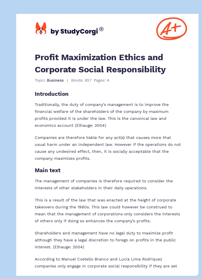 Profit Maximization Ethics and Corporate Social Responsibility. Page 1