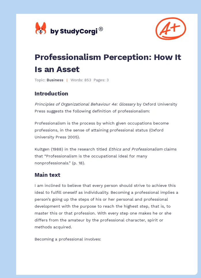 Professionalism Perception: How It Is an Asset. Page 1