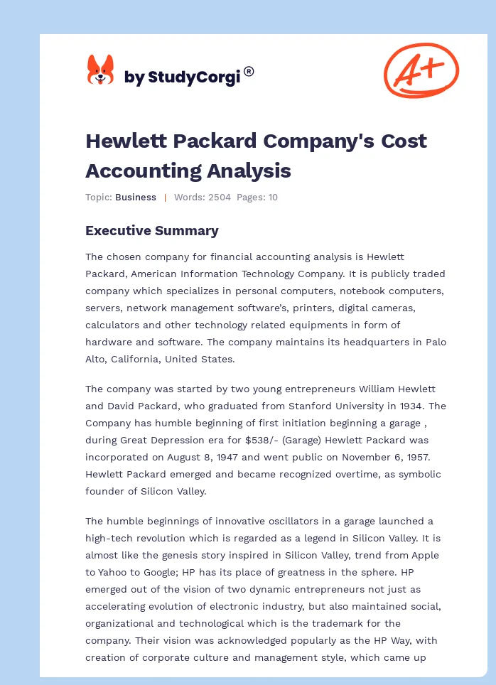 Hewlett Packard Company's Cost Accounting Analysis. Page 1