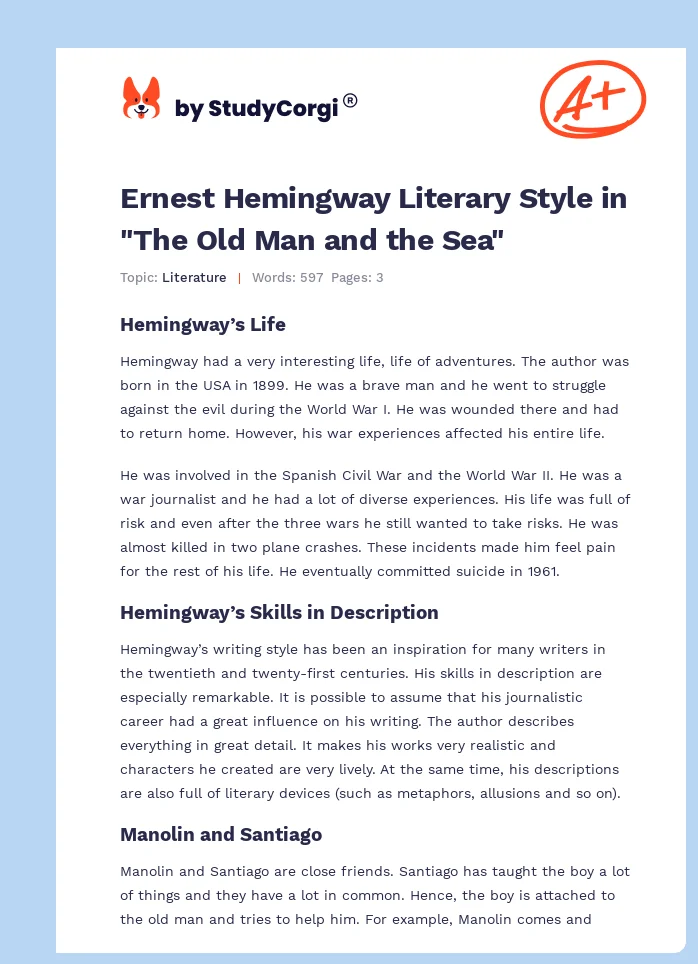 Ernest Hemingway Literary Style in "The Old Man and the Sea". Page 1