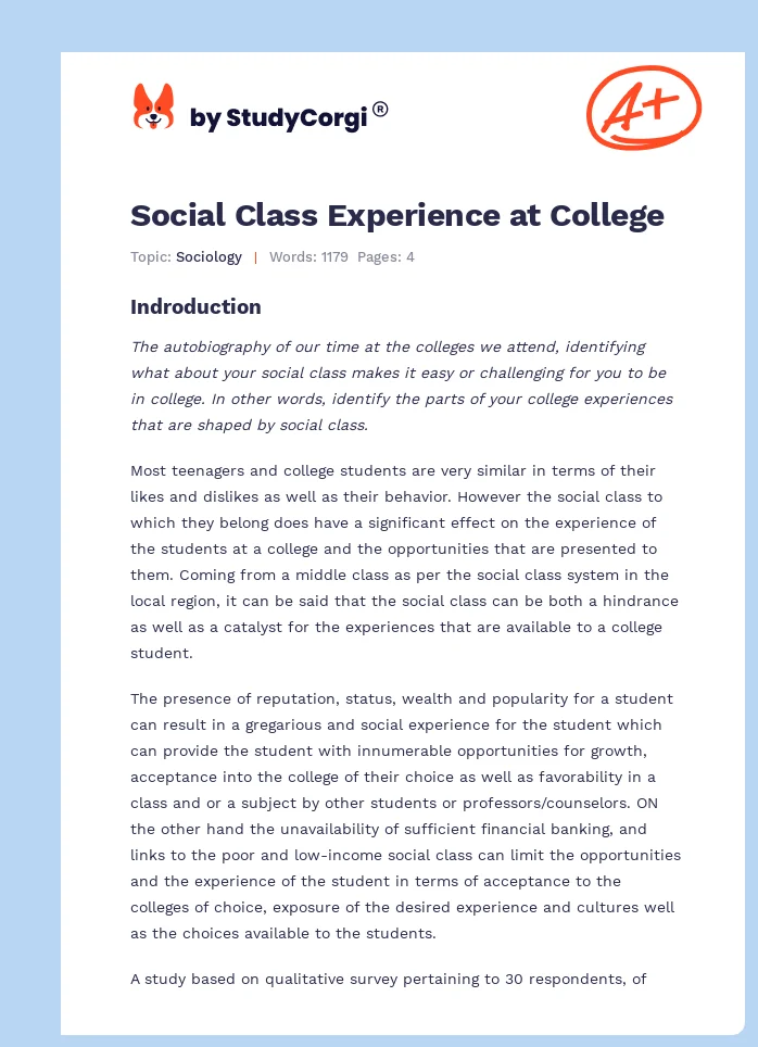 Social Class Experience at College. Page 1