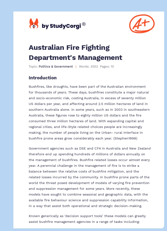 Australian Fire Fighting Department's Management. Page 1