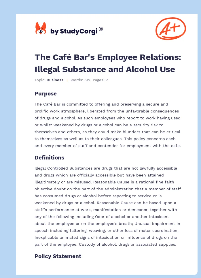 The Café Bar's Employee Relations: Illegal Substance and Alcohol Use. Page 1