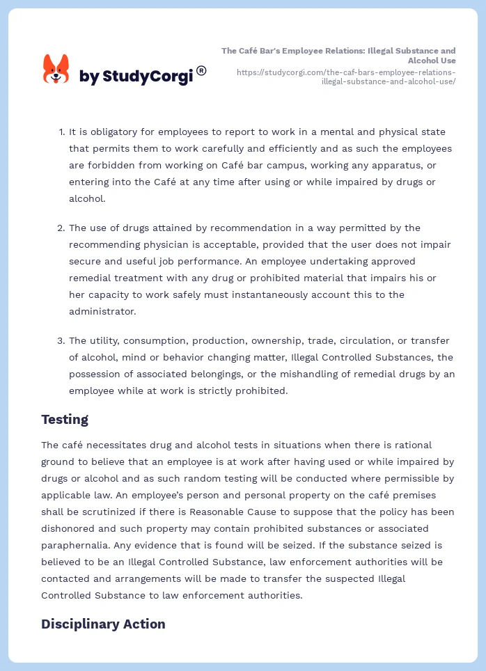 The Café Bar's Employee Relations: Illegal Substance and Alcohol Use. Page 2