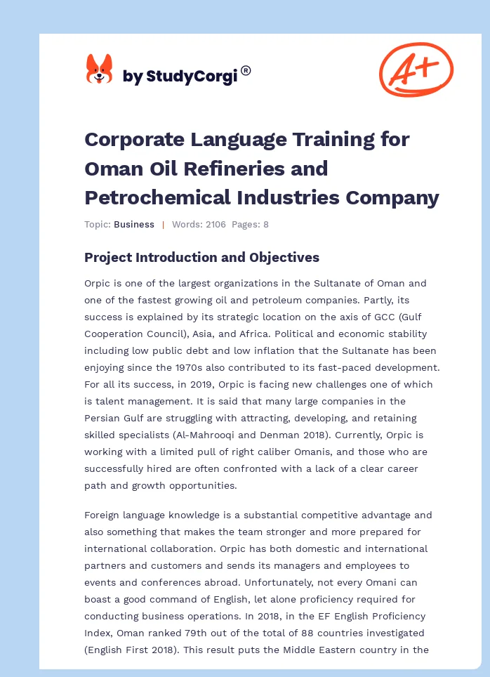 Corporate Language Training for Oman Oil Refineries and Petrochemical Industries Company. Page 1