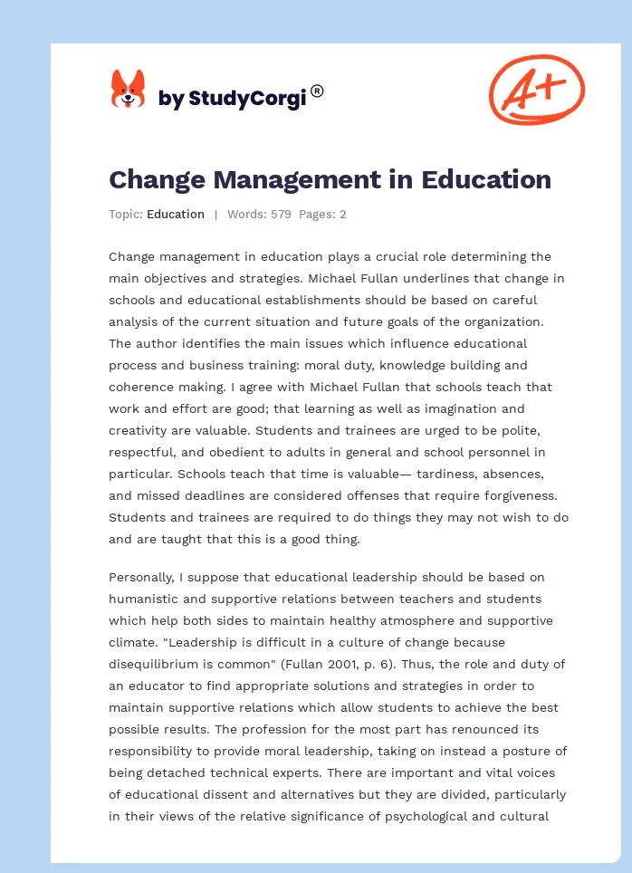 Change Management in Education. Page 1