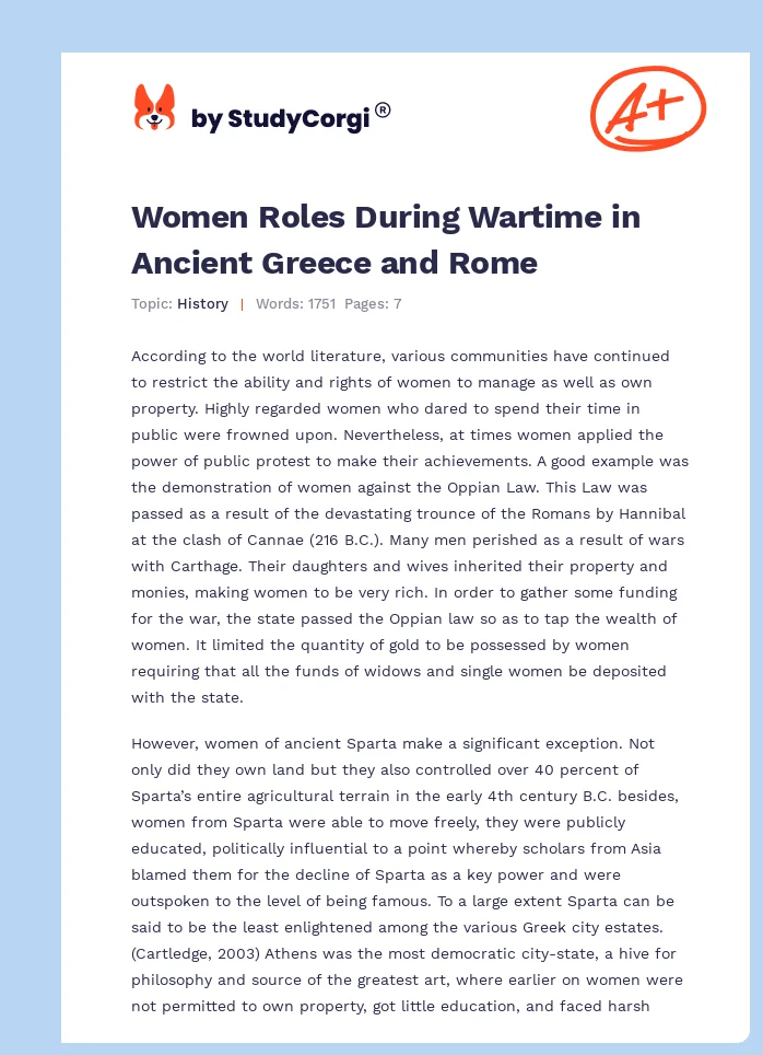 Women Roles During Wartime in Ancient Greece and Rome. Page 1
