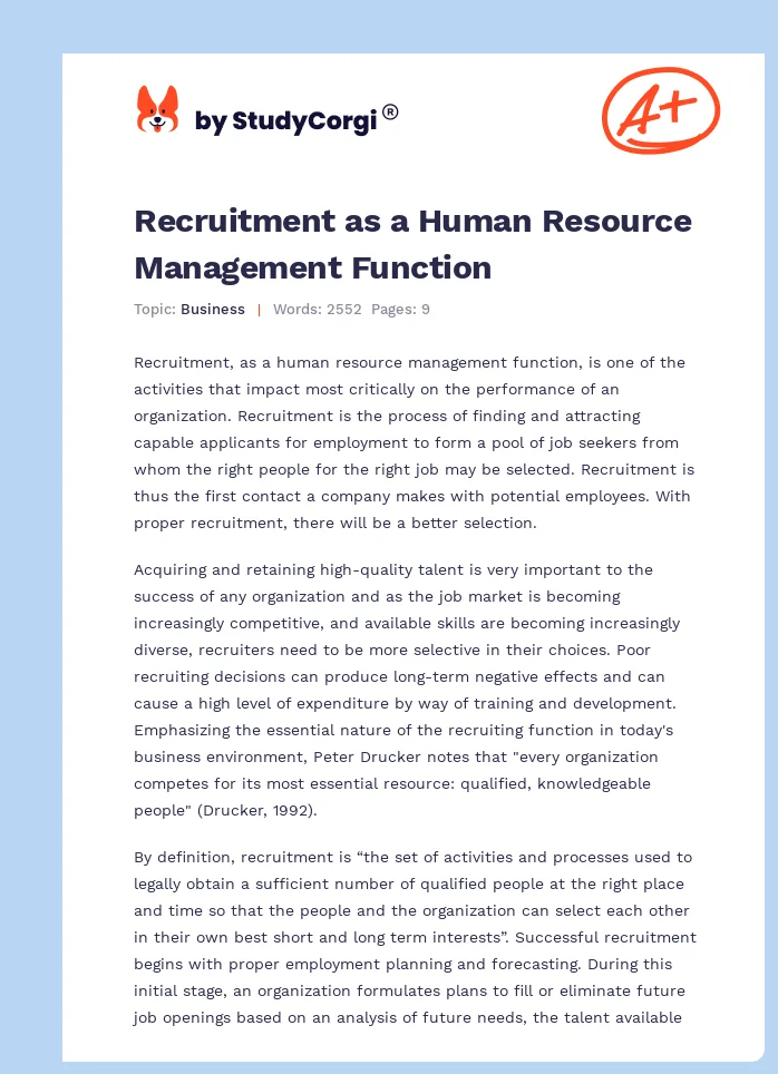 Recruitment as a Human Resource Management Function. Page 1