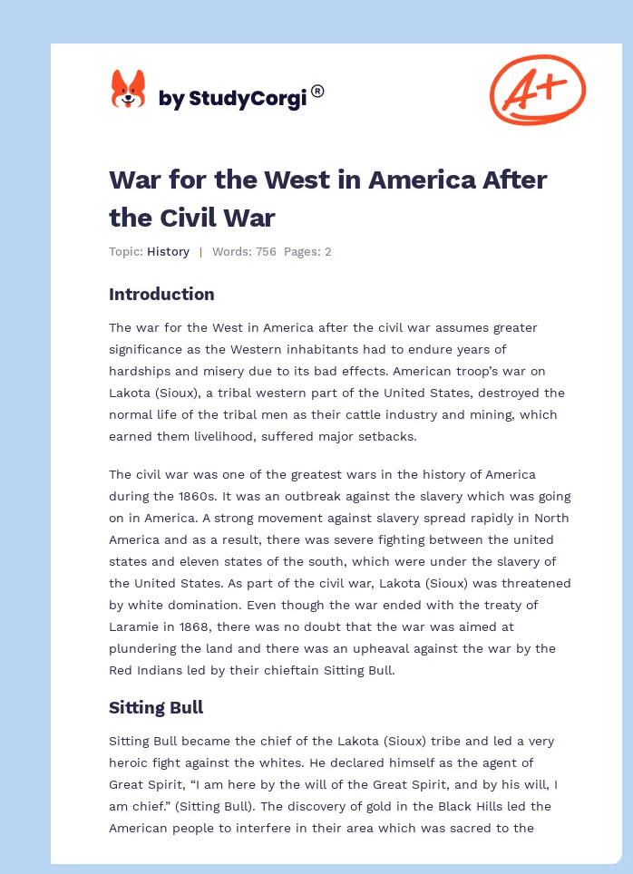 War for the West in America After the Civil War. Page 1