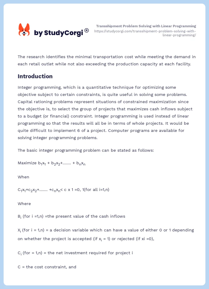 Transshipment Problem Solving with Linear Programming. Page 2