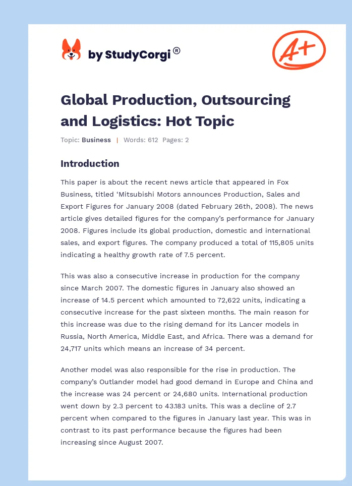 Global Production, Outsourcing and Logistics: Hot Topic. Page 1