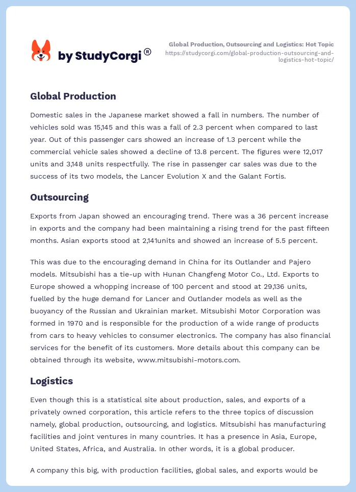 Global Production, Outsourcing and Logistics: Hot Topic. Page 2