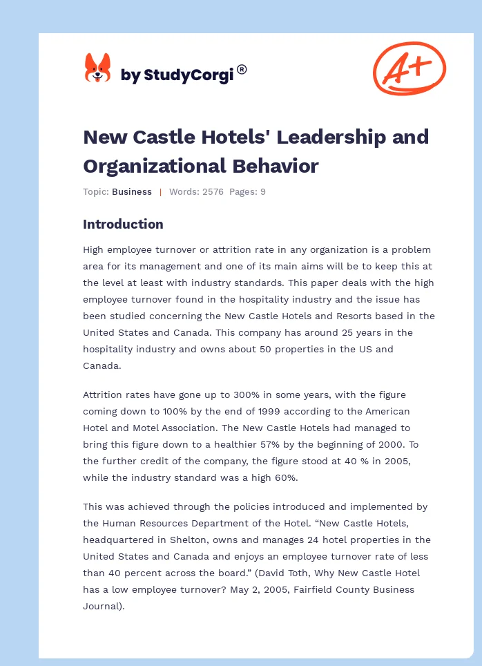 New Castle Hotels' Leadership and Organizational Behavior. Page 1