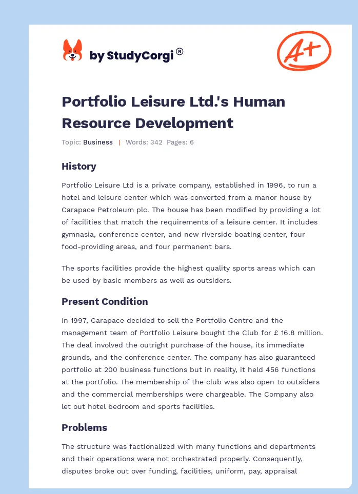 Portfolio Leisure Ltd.'s Human Resource Development. Page 1