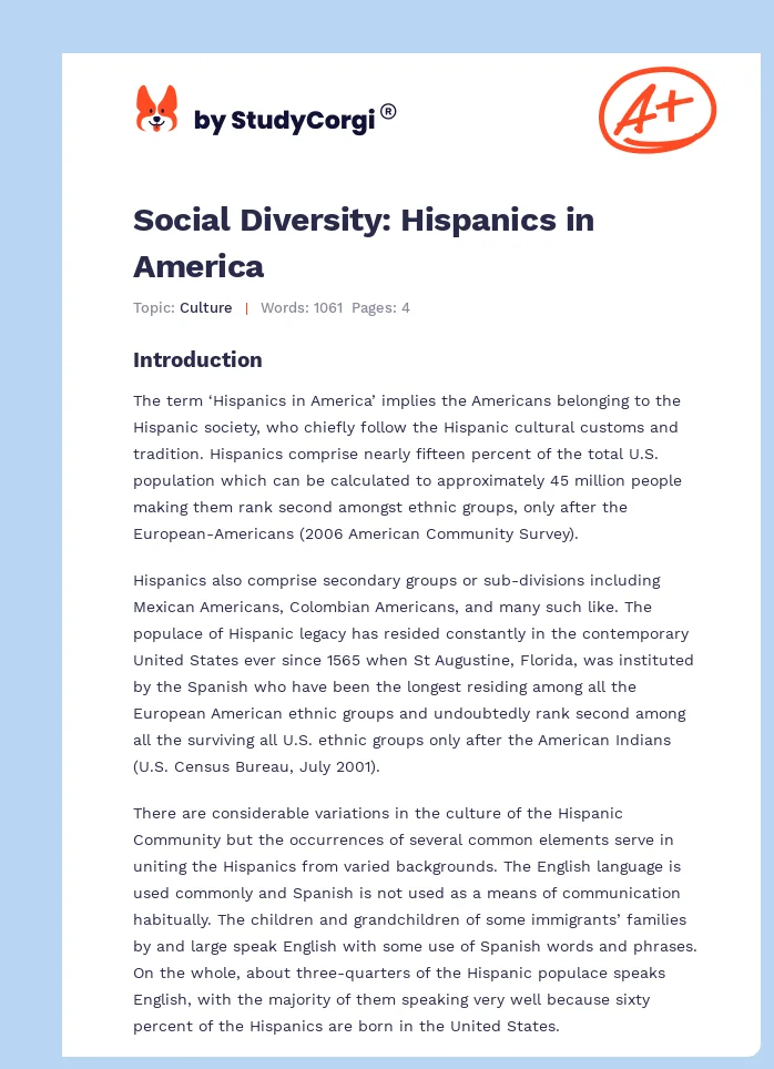 Social Diversity: Hispanics in America. Page 1
