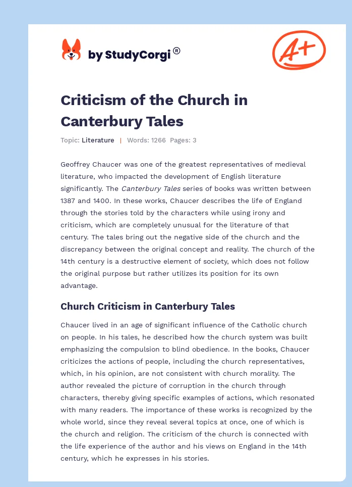 Criticism of the Church in Canterbury Tales. Page 1