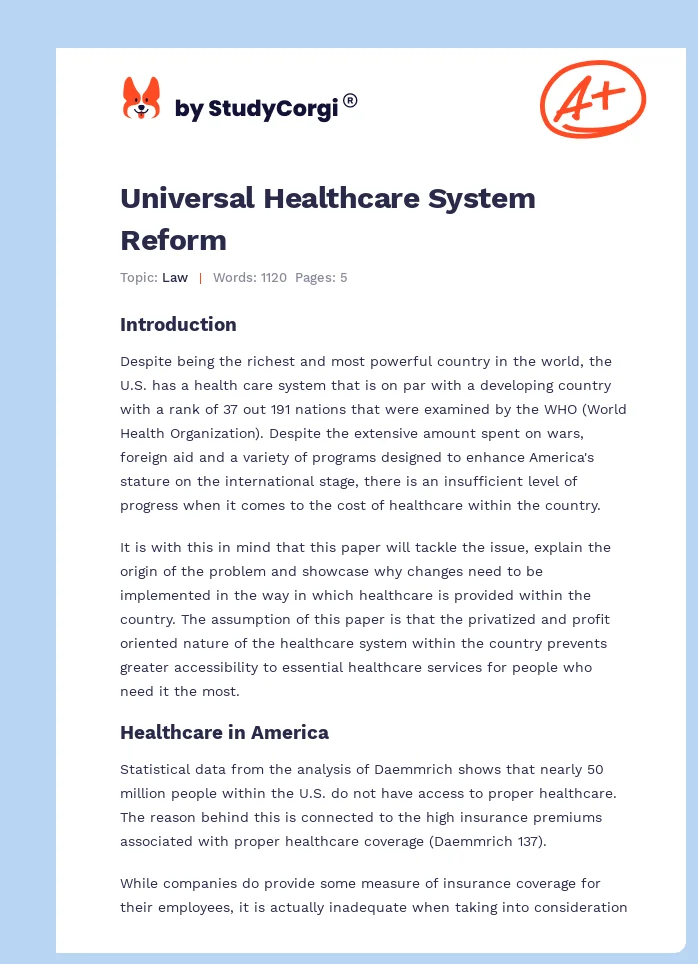 Universal Healthcare System Reform. Page 1