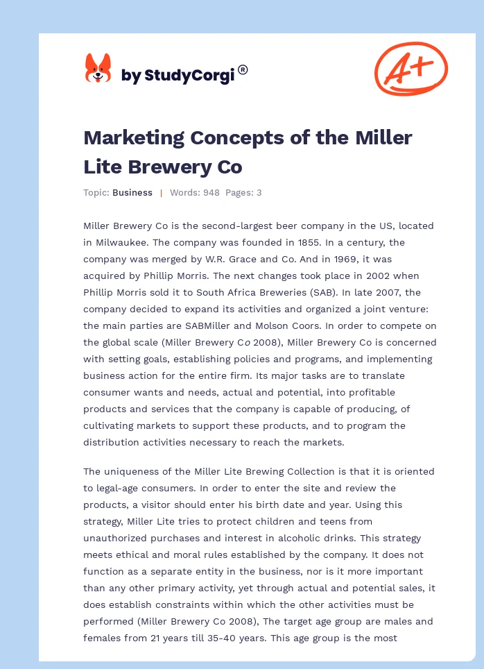 Marketing Concepts of the Miller Lite Brewery Co. Page 1